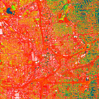 This image shows a thermal data image of downtown Atlanta day temperature. The image is mostly red.