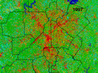 This image shows a classification map of Atlanta land use for 1992.  High dense urban and suburban area.