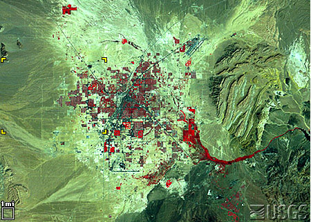 This image is a false color image showing a small urban area.