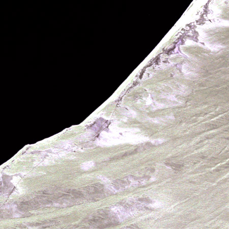 This image is a false color image showing a small populated area